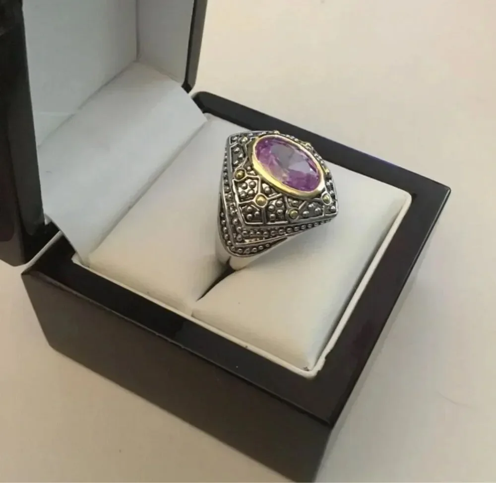 3Ct. 2-Tone Bead Bezel Set Oval Amethyst Ornate Ring Sz 9